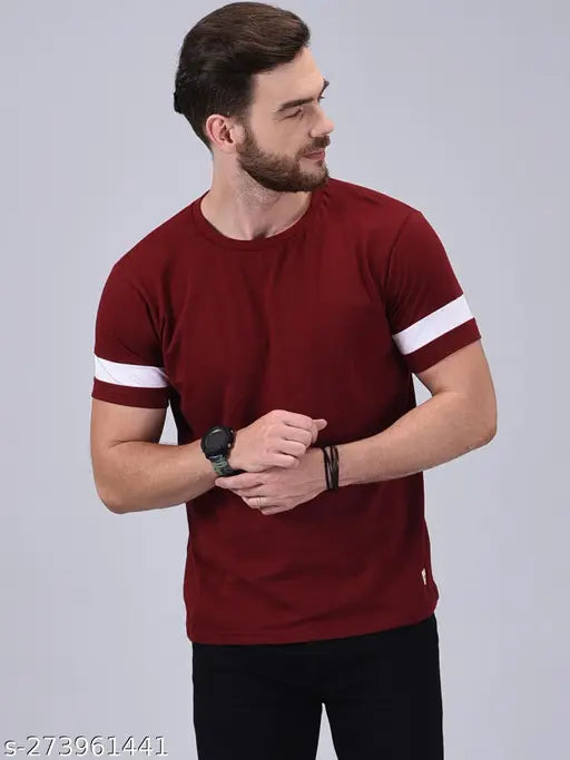 Stylish maroon cotton-blend round neck t-shirt for men, solid pattern, short sleeves