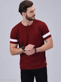 Stylish maroon cotton-blend round neck t-shirt for men, solid pattern, short sleeves
