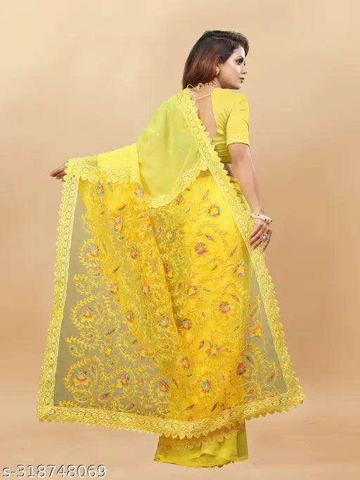 Yellow Georgette Embroidered Saree, Indian party wear with separate blouse piece