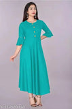 Sky blue rayon round neck flared kurta with three-quarter bell sleeves - premium quality Indian fashion clothing for women in solid color