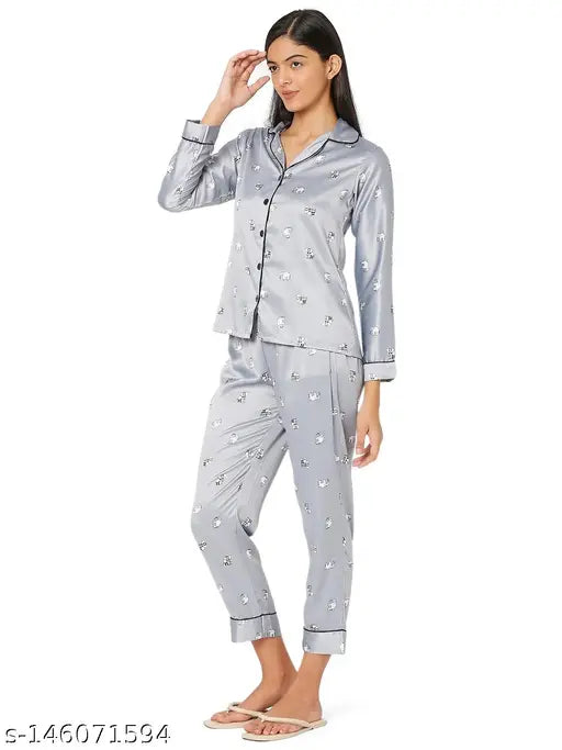 Grey elephant print satin lapel nightsuit set, women's quirky silk satin pyjamas with long sleeves and printed pattern, India origin
