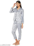 Grey elephant print satin lapel nightsuit set, women's quirky silk satin pyjamas with long sleeves and printed pattern, India origin