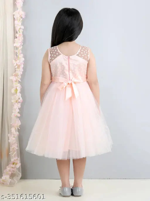 Peach foil print net knee length girls dress, dusty rose color for parties, 1-2 years size (bust 22in, length 20in)