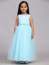 Sky blue net dress for kids party wear, printed with toy balloons design, sleeveless and full-length, sizes from 1-2 years to 12-13 years