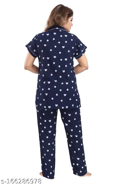 Navy blue printed cotton classy night suit set for women and girls, features short-sleeved shirt and pyjama with multicolor print pattern