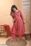 Pink gold rayon kurta set with cotton pants, printed net pattern, three-quarter sleeves, single size available