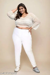 Plus-size premium white denim jeggings, stretchable Lycra fabric, length 40 inches, comfortable elastic waistband, free size 54 inches, made in India