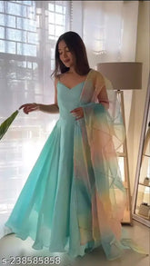 Aqua blue chiffon gown with dupatta, solid pattern and sleeveless design, size M on mannequin