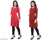 Red woolen women's short kurti with long sleeves, printed combo design. Perfect for winter wear, ideal for layering and casual looks. Made in India