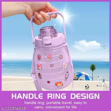 Purple 1500ml motivational fitness water bottle for kids, featuring inspirational quotes and a shoulder strap, ideal for outdoor activities, school, or gym use
