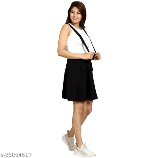 Black cotton dungaree mini skirt, mid-rise western style for women and girls. Perfect with a white shirt or heels