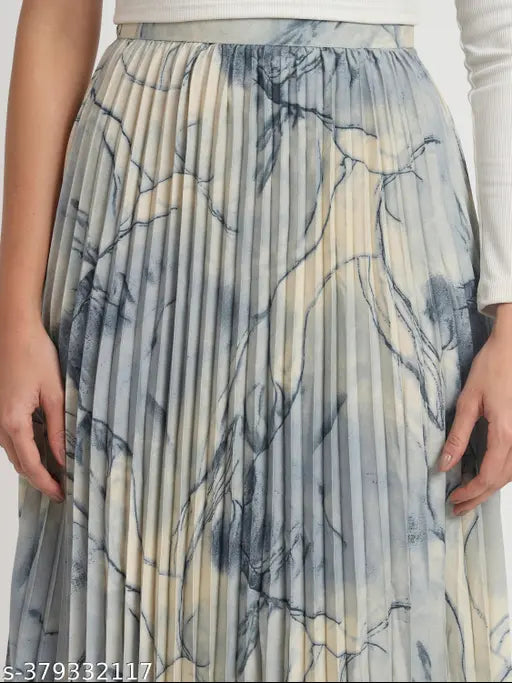 Marble-printed polyester A-line long skirt with elastic waistband, elegant for work or play, suitable for spring, autumn, and winter