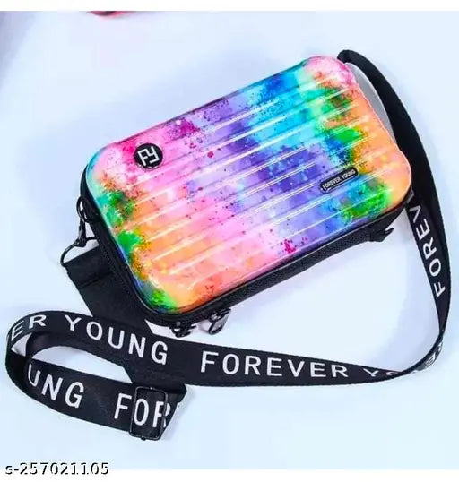 Rainbow acrylic cross-body bag for girls, free size, printed net pattern, adjustable belt