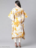 Mustard tie dye cotton kaftan kurti with three-quarter sleeves, side slit, and calf length. Indibelle brand, India origin
