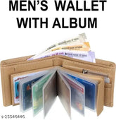 Faux leather beige bifold men's wallet, compact design with ID window, coin pocket, and multi-card slots - trendy accessory for men, durable build with strong stitching quality