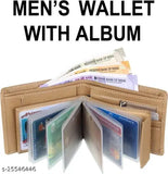 Faux leather beige bifold men's wallet, compact design with ID window, coin pocket, and multi-card slots - trendy accessory for men, durable build with strong stitching quality