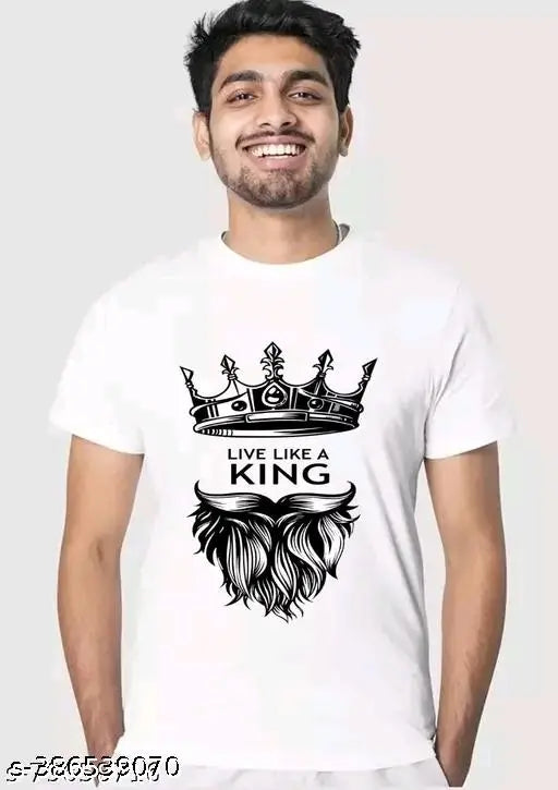 Trendy white polyester round neck t-shirt, short sleeves, printed design. Men's and boys' sizes available