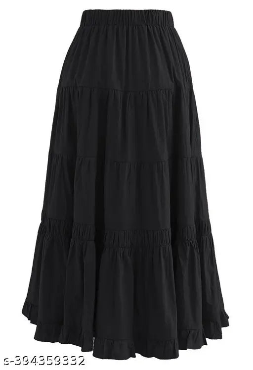 Black rayon Pilin skirt for women, trendy and fashionable, solid pattern, available in various sizes including 26, 28, 30, 32, 34, 36, 38, 40, 42, free size, and extra-large. Made in India