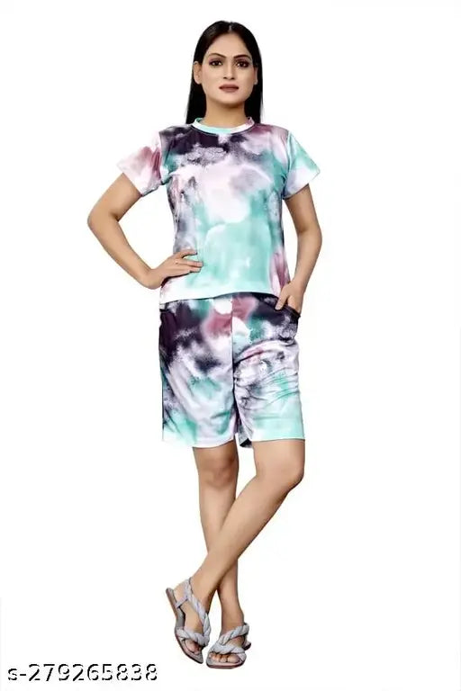 Printed hosiery shorts set for women's cycling and yoga, fashionable printed net design, available in sizes S-XXL