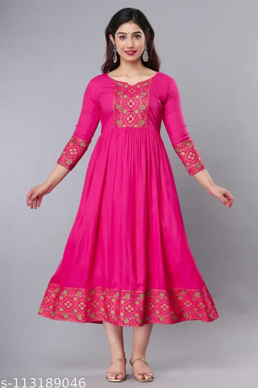 Pink rayon anarkali kurti for women, traditional solid design with multi-color border and gold print