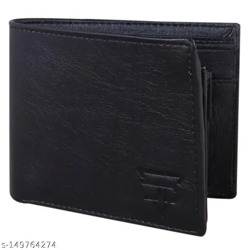 Black PU textured men's wallet. Durable design with 5 card slots, 2 secret compartments, 1 coin pocket, and 2 currency compartments. Made in high-quality Indian leather