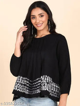 Black rayon pleated tie dye top, three-quarter sleeves, solid pattern - breathable, soft, casual wear from India