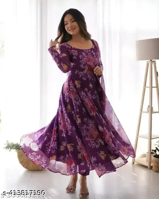 Georgette floral printed heroic party wedding gown with matching dupatta, long sleeves, India origin
