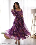 Georgette floral printed heroic party wedding gown with matching dupatta, long sleeves, India origin