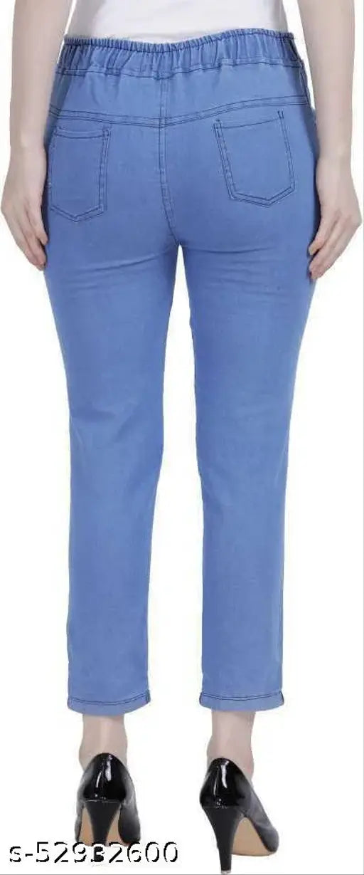 Trending light blue jegging with three-color print, denim fabric, semi-stretchable. Enhanced comfort for size 28, 30