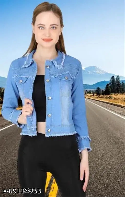 Denim solid-pattern classic modern women's waistcoat with long sleeves, India origin