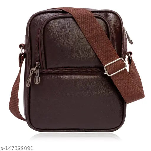 Brown PU Sling Bag - 3 compartments, water-resistant sling bag for men and women, handmade in India