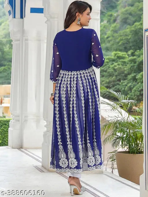 Navy Blue Chikan Embroidery Georgette Straight Kurta on hanger, Indian ready-to-wear fashion