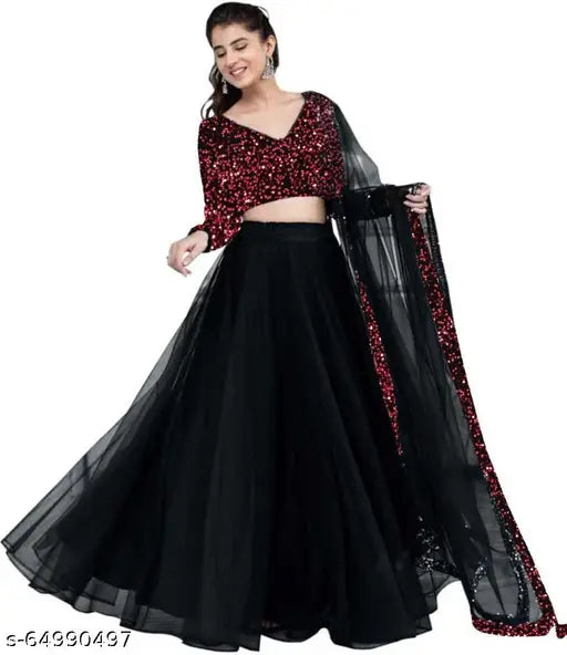 Velvet sequin lehenga with net dupatta, embroidered choli and lace trim, semi-stitched, 44 inches waist, India