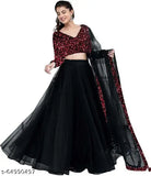 Velvet sequin lehenga with net dupatta, embroidered choli and lace trim, semi-stitched, 44 inches waist, India