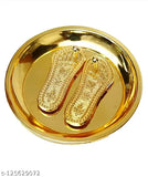Golden brass Vastu Tortoise and Lakshmi Charan Yantra, 9 cm diameter plate for wealth, luck, and success (India)