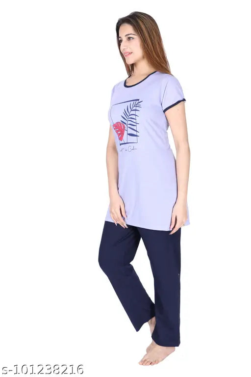 Printed polycotton ladies long night suit, soft, breathable, loose-fitted for summer, perfect length, round neck, high stretch, no fade or shrinkage issues, good for leggings and tight jeans, India origin