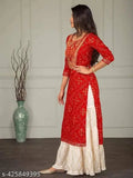 Red embroidered Rayon Kurta and Sharara set, printed net pattern, three-quarter sleeves, round neck, Indian origin