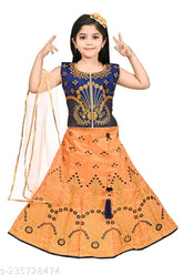 Blue Orange Embroidered Art Silk Lehenga & Net Dupatta Set, Indian ethnic party wear for girls aged 3-9 years