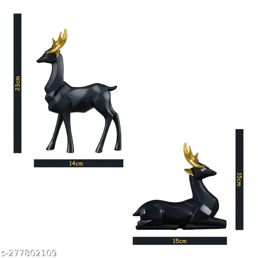 Black resin deer statues pair, Indian art showpiece for home & office decoration, Vastu, good luck gifting. Detailed handcrafted figurines with a height of 23cm each