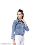 Blue denim Women's Dhol Design Teen Patti Jacket - Solid pattern, long sleeves, available in S, M, L, XL
