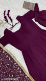 Purple embroidered georgette Anarkali long churidar kurta with dupatta set, party wear traditional dress for girls and women. Embellished with sequence and jari work on sleeves and yoke neck. Fully stitched, pack of 3 in sizes S-XXL. Made from heavy soft fox georgette fabric with micro cotton inner. Dupatta made from pure fox georgette embroidery with lace work. Origin: India