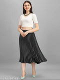 Satin pleated midi skirt for women, polyester lining, elastic waistband, full length, trendy Western style, Indian wedding-friendly