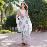 Designer cotton sharara kurti set with embroidered dupatta for women, vibrant printed net Indian fashion on display stand