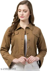 Brown denim full-sleeve jacket, comfortable for summer and winter wear, solid pattern, Soul Essence women's fashion