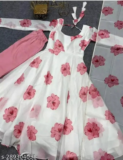 White pink Georgette anarkali kurta set with dupatta, printed pattern, long sleeves, trending ethnic wear for women