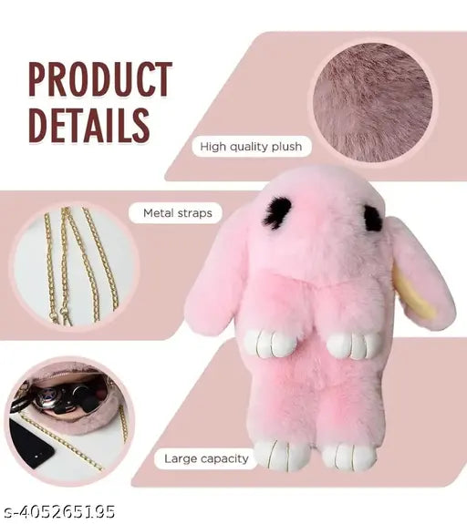 Pink plush bunny sling bag with chain and smooth zipper, features removable strap and single compartment. Realistic design with long ears and realistic eyes, ideal for girls' everyday essentials. Soft fabric cross body & sling bag
