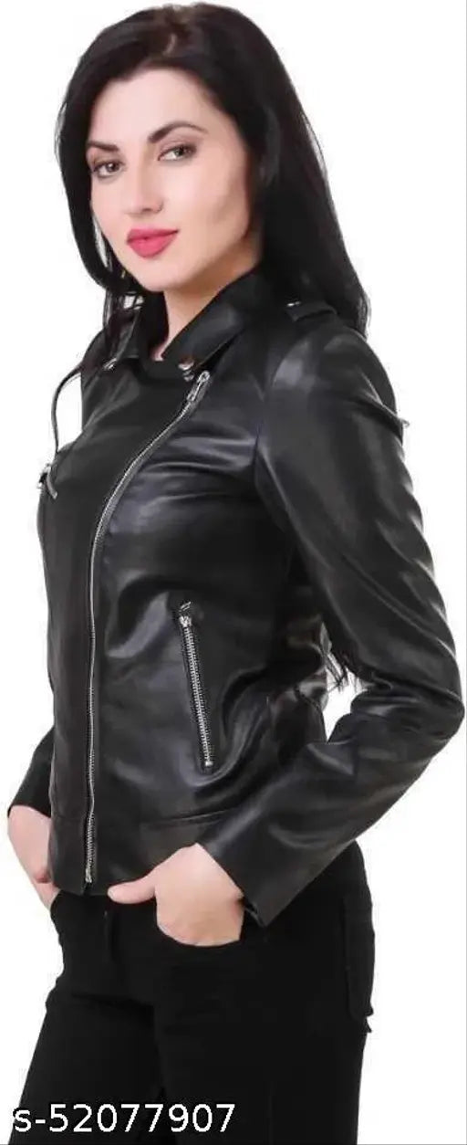 Black faux leather women's jacket, PREEGO TRENDY MODERN solid pattern, long sleeves, band collar, utility pockets, biker-style design