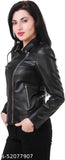 Black faux leather women's jacket, PREEGO TRENDY MODERN solid pattern, long sleeves, band collar, utility pockets, biker-style design