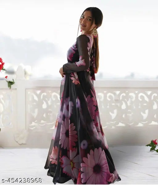 Aline Trending Sun Flower Black Georgette Gown - New 2024, stylish three-quarter sleeve dress for women's party wear or weddings