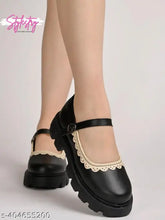 Black synthetic round toe Mary Janes with side buckle & white lace detailing - women's and girls' styles from Stylestry